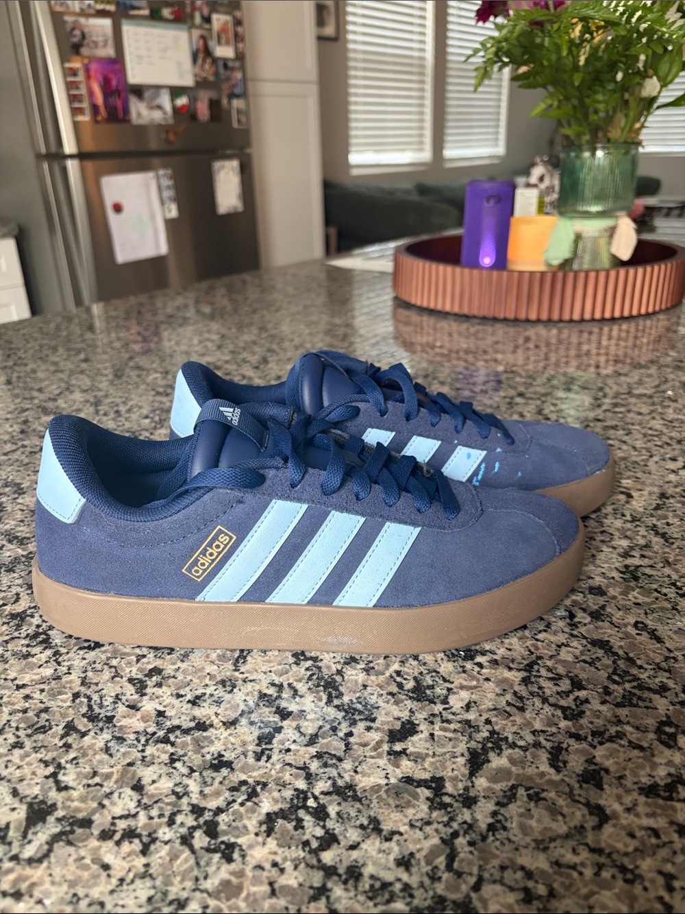 adidas Navy Suede Sneakers with Light Blue Stripes and Gum Sole